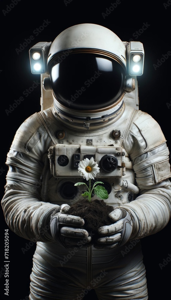 Astronaut holding soil with a blooming daisy.
Astronaut holding soil with a blooming daisy.