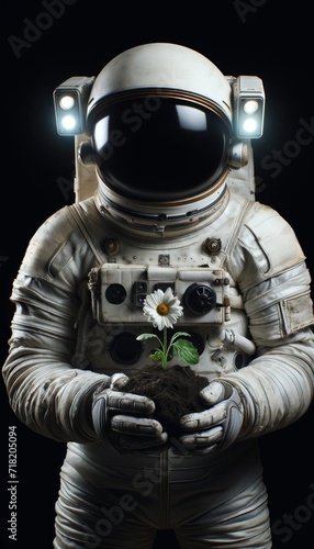 Astronaut holding soil with a blooming daisy. 
