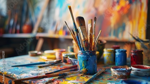 brushes and paints, an artist's studio filled with colorful paints, brushes, and canvases, capturing the essence of creativity and inspiration