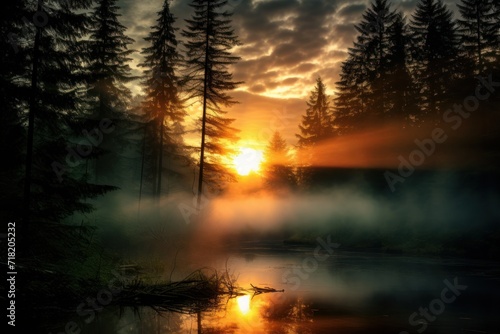  the sun is setting over a body of water with trees in the foreground and a fog in the middle of the water in the middle of the foreground.