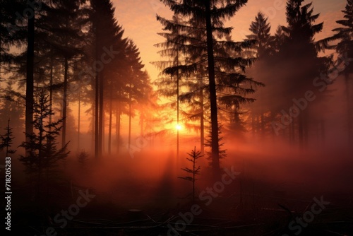  the sun is shining through the trees in a foggy, foggy, tree - lined area of a forest with tall, thin trees in the foreground, the foreground, in the foreground, the foreground,.
