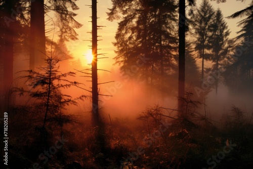  the sun shines through the trees in a foggy forest on a foggy day in the early hours of the morning  as the sun shines through the trees in the foreground.