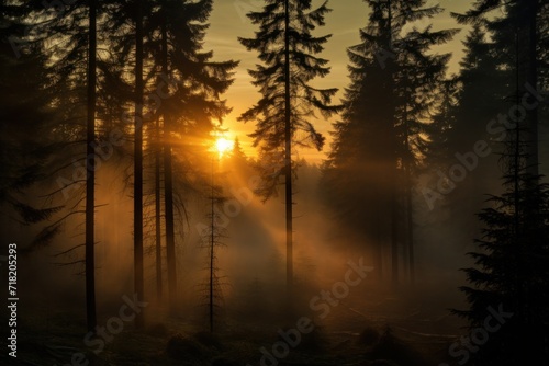  the sun is shining through the trees in the foggy area of a forest with tall pine trees in the foreground and the sun shining through the trees in the distance.