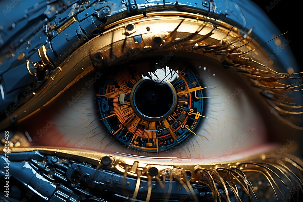Intricate patterns within a robotic eye, showcasing the beauty of artificial intelligence