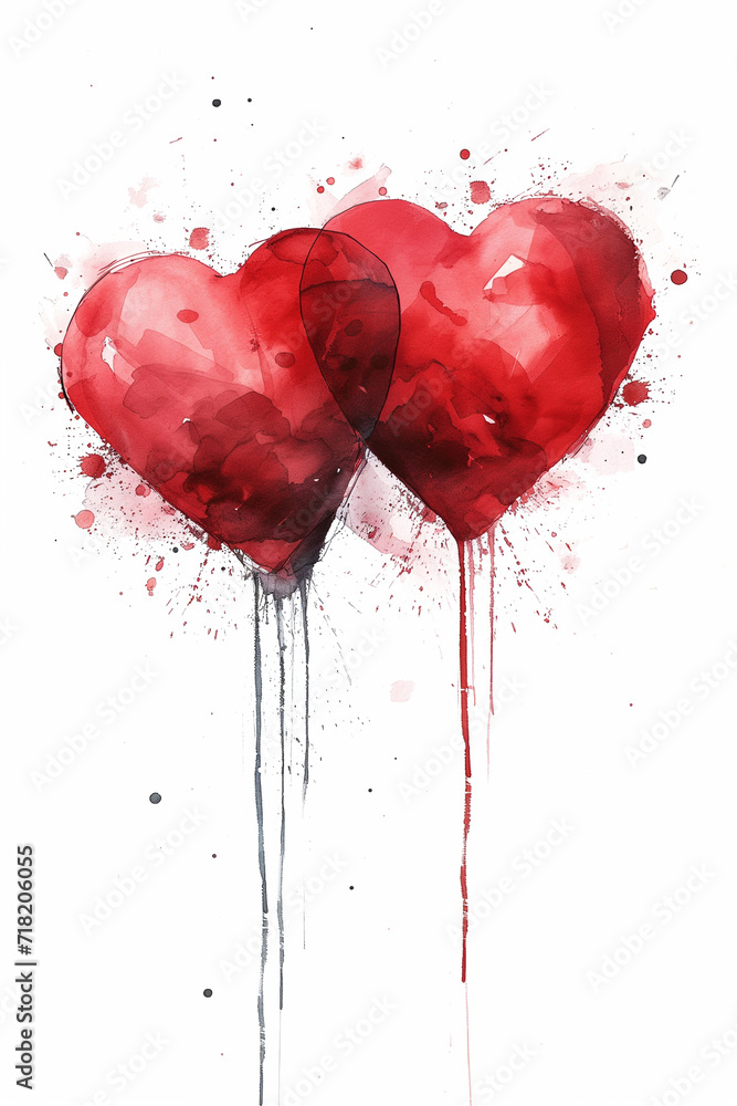 Two red watercolor hearts on a white background. Valentine's day.