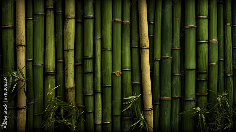 Fototapeta premium a close up of a bamboo fence with lots of green bamboo stalks in the foreground and the top part of the bamboo stalks in the foreground and the background.