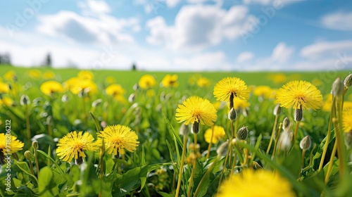 green field with yellow dandelions  capturing a close-up of the vibrant spring flowers on the ground.