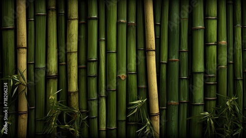  a close up of a bamboo fence with lots of green bamboo stalks in the foreground and the top part of the bamboo stalks in the foreground and the background.