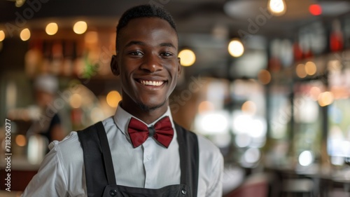 Handsome Black African American Barista with Short Hair and Beard Wearing Apron is Smiling in Coffee Shop Restaurant