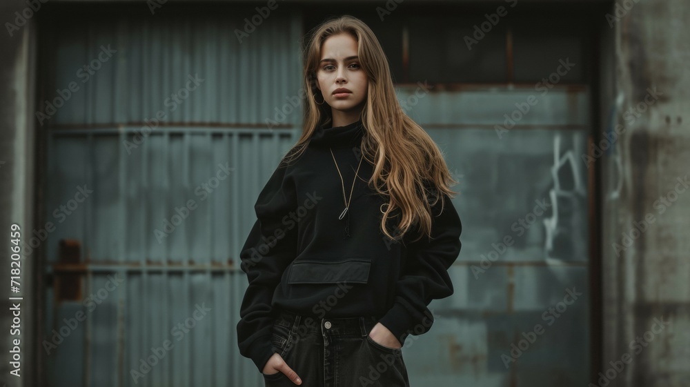 Medium photo cute young caucasian woman with smile on face looking into distance against backdrop with space for text. Medium photo cute young caucasian woman with smile on face looking into distance against backdrop with space for text.