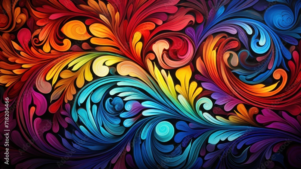 a painting of colorful swirls and leaves on a black background with a red, yellow, blue, green, red, orange, and pink color scheme in the center.