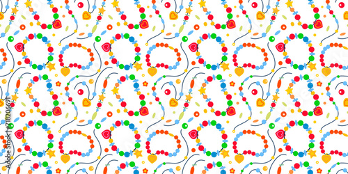 Beads bracelets pattern. Cute bangles beads , DIY. Hand made pattern with  bracelets with colorful beads different forms. Kids cute wristlet. Cartoon vector seamless pattern on white background