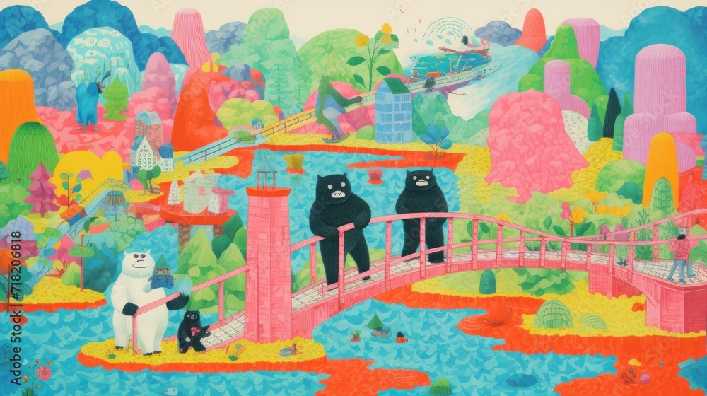  a painting of three bears standing on a bridge over a body of water with a bridge in the middle of the picture, and trees and buildings in the background.