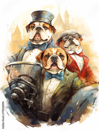 T-shirt design, funny english bulldogs in fancy costumes riding vintage luxury car сreated with Generative Ai