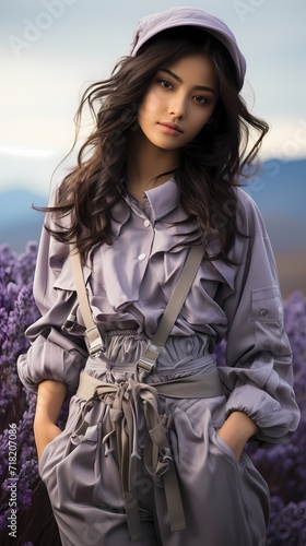 Japanese girl exuding charm in streetwear, standing against a background of soft lavender, the high-definition camera highlighting the delicate details of her fashionable ensemble