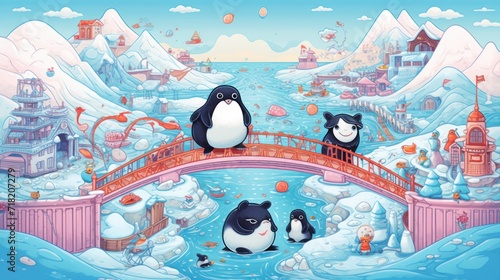  a painting of penguins standing on a bridge over a body of water with a snow covered mountain in the background and a red bridge in the middle of the water.
