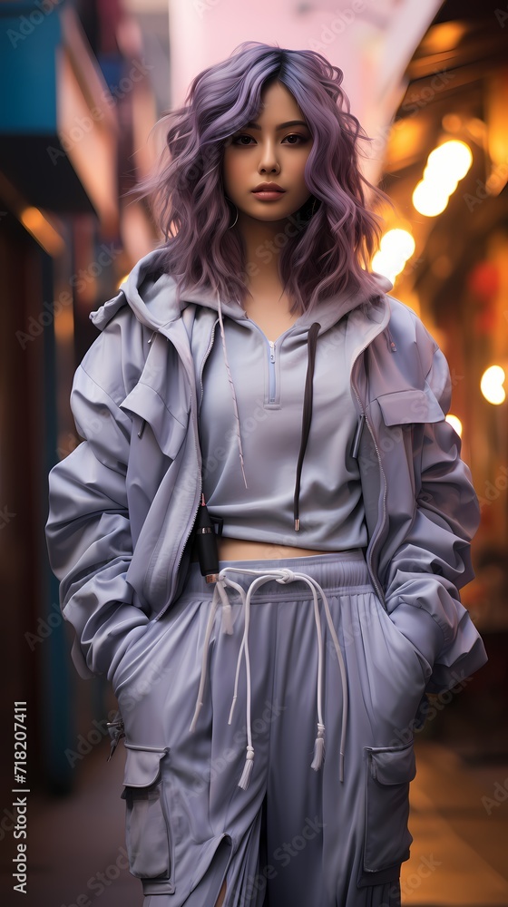 Japanese girl exuding charm in streetwear, standing against a background of soft lavender mist, the high-definition camera highlighting the delicate details of her fashionable ensemble