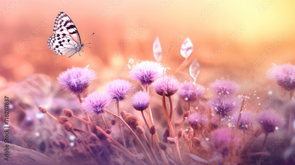  a close up of a butterfly flying over a field of flowers with a blurry background of grass and flowers in the foreground, with a yellow sky in the background.