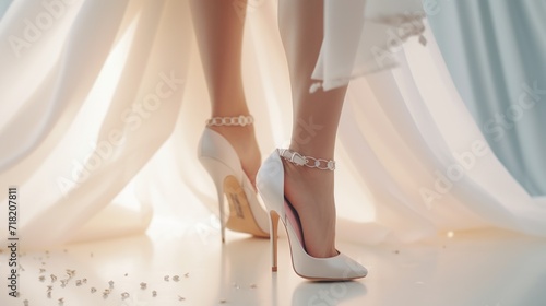  a close up of a woman's legs wearing high heeled shoes and a white dress with pearls on the bottom of the shoes and a white curtain in the background.