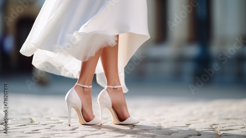  a close up of a bride's shoes on a cobblestone floor with a white dress and a building in the back ground in the background and a woman's legs in the foreground.
