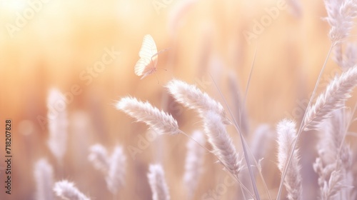  a blurry photo of a butterfly flying over a field of tall grass with the sun shining on the grass and the grass in the foreground is blurry.