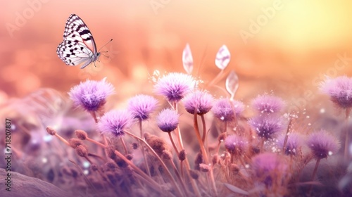 a close up of a butterfly flying over a field of flowers with a blurry background of grass and flowers in the foreground, with a yellow sky in the background. © Shanti
