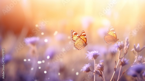  two butterflies sitting on top of a flower in a field of purple and white flowers with the sun shining through the clouds in the back of the back of the picture. © Shanti