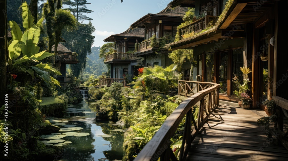 a river running through a lush green forest filled with lots of greenery next to a row of wooden buildings with balconies on top of balconies.