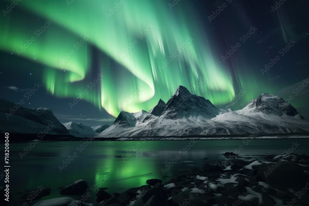  a green and purple aurora bore above a mountain range with a lake in the foreground and a mountain range in the background with snow capped mountains in the foreground.