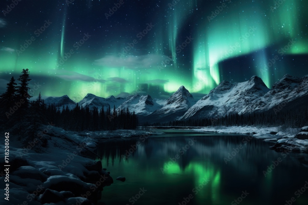 a lake surrounded by snow covered mountains under a sky filled with green and purple aurora bores in the sky above a lake surrounded by snow covered mountains and pine trees.