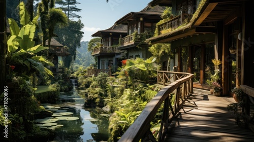  a river running through a lush green forest filled with lots of greenery next to a row of wooden buildings with balconies on top of balconies. © Shanti