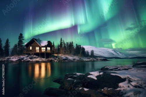  a cabin on the shore of a lake under a green and purple sky with the aurora lights in the sky above it and snow covered mountains in the foreground.