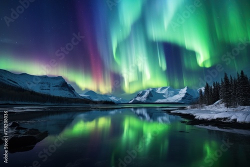  the aurora bore is reflected in the still water of a lake with snow covered mountains and evergreens in the background  with the aurora lights reflecting in the water.