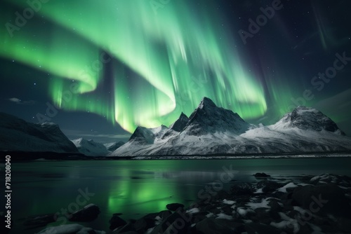  a green and purple aurora bore above a mountain range with a lake in the foreground and a mountain range in the background with snow capped mountains in the foreground. © Shanti