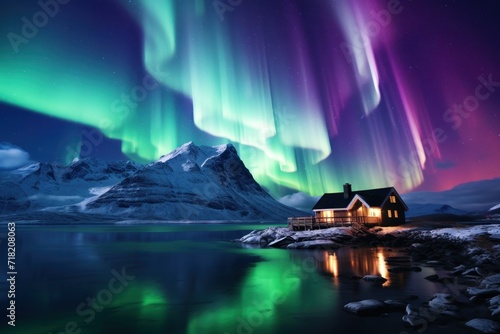  a house sitting on the shore of a lake under an aurora aurora aurora over a mountain range with a house in the foreground and aurora lights in the background. photo