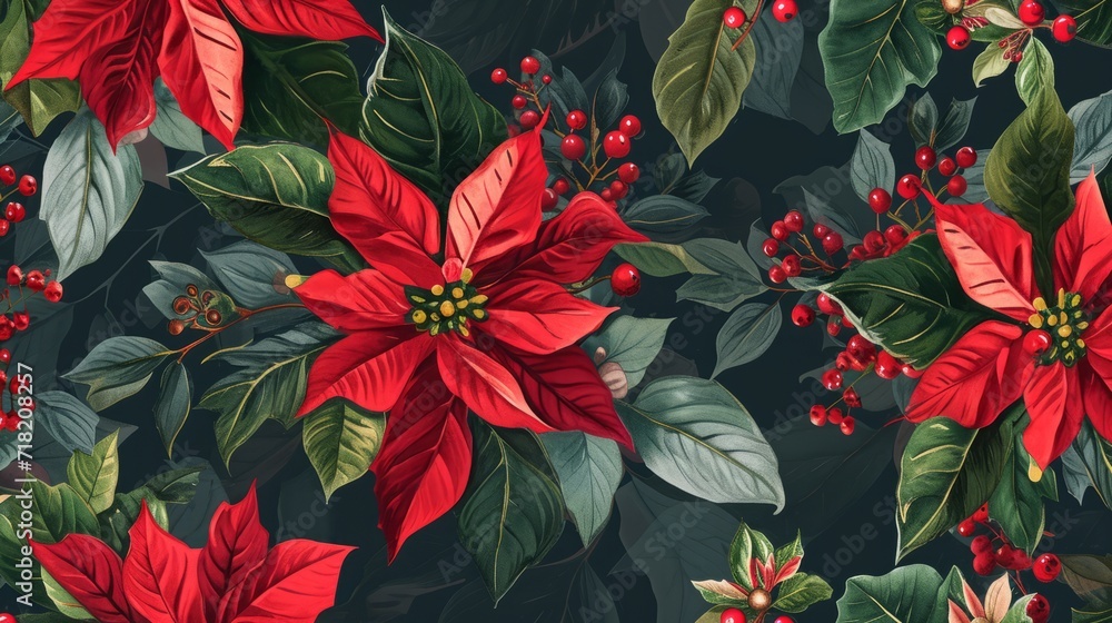 Beautiful red poinsettia flowers pattern. Elegant and festive background