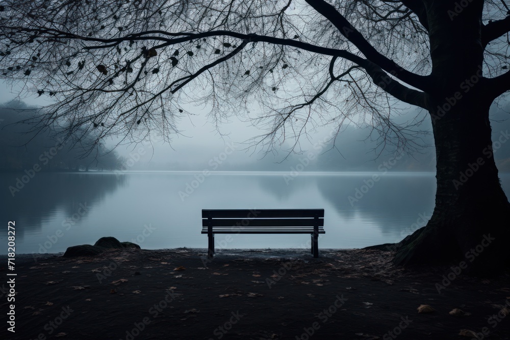  a bench sitting next to a tree in front of a body of water with a tree in the foreground and a body of water in the background on a foggy day.