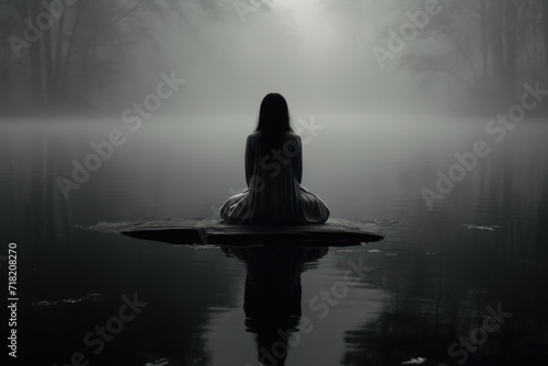  a woman sitting on a rock in the middle of a body of water in the middle of a foggy, black and white photo of a woman sitting on a rock in the middle of a body of water. © Shanti