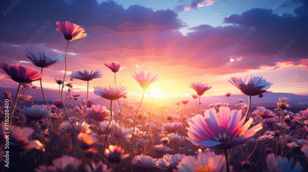  a field full of pink and white flowers under a cloudy sky with the sun setting in the distance in the distance, with the sun setting in the distance behind the clouds.