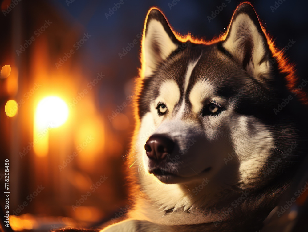 Close-up view of husky at night outside house