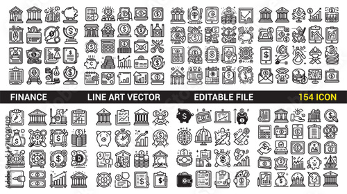Finance icon set collection. line art vector. Contains loans, cash, savings, financial goals, profit, budgets, mutual funds, earning money, and revenue icons. Solid icons collection.