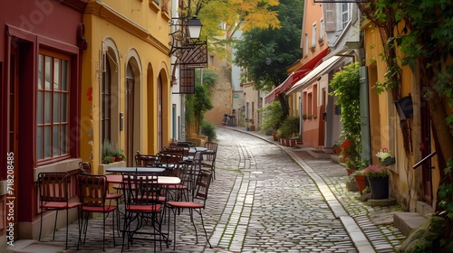 street in the town, charming cobblestone street lined with quaint cafes, inviting exploration and leisurely strolls