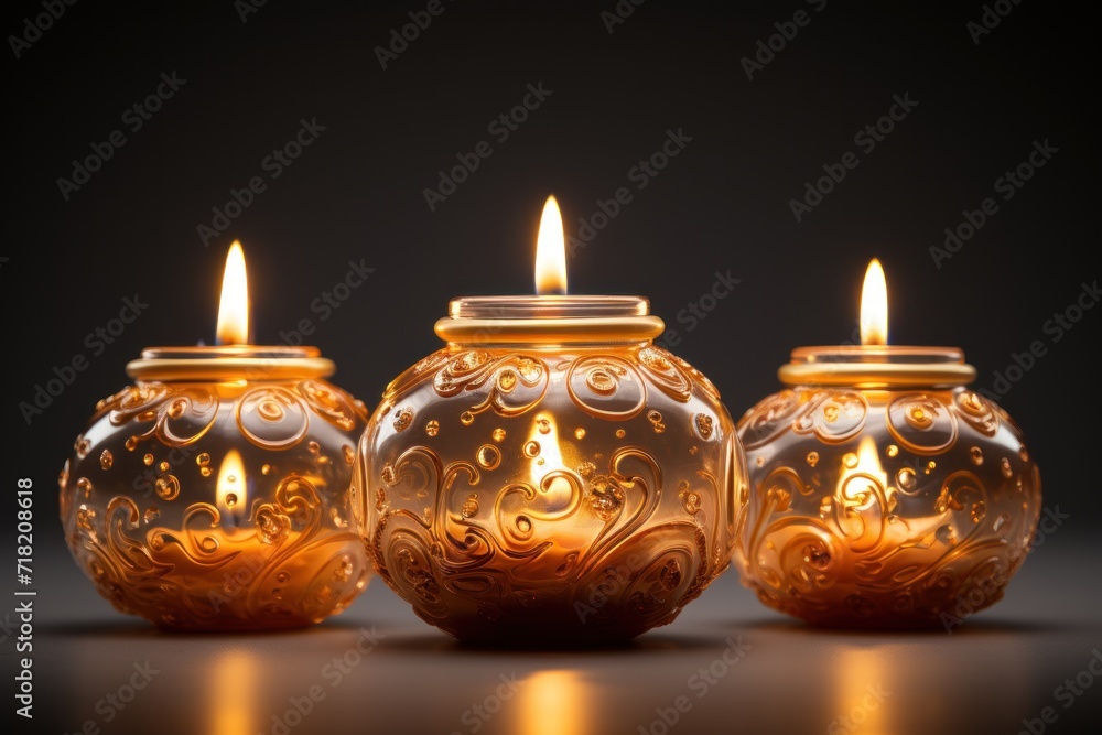 a group of three lit candles sitting next to each other on a black surface in front of a black background with a gold swirl design on the front of the candle. a group of three lit candles sitting next to each other on a black surface in front of a black background with a gold swirl design on the front of the candle.