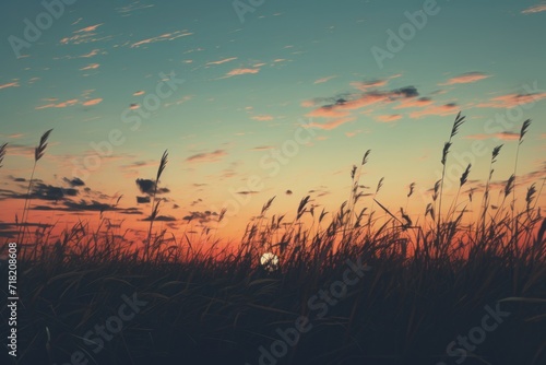  a field of tall grass with the sun setting in the background and a few clouds in the sky with a little bit of light on top of the grass in the foreground. photo