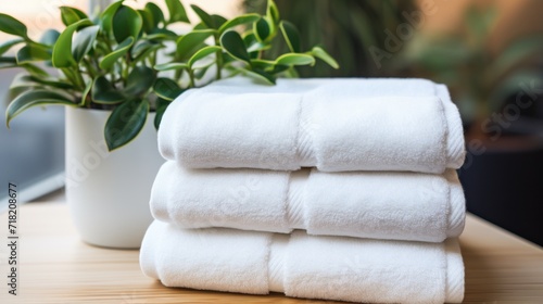  a stack of white towels sitting on top of a wooden table next to a potted plant and a white vase with green leaves on top of a wooden table.