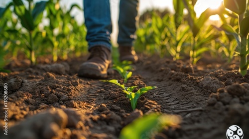 Diligent Farmer Carefully Inspecting a Lush Corn Field, Assessing Crop Health and Growth Progress