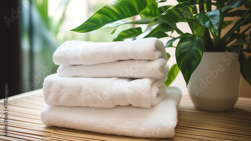  a stack of white towels sitting on top of a wooden table next to a potted plant on top of a wooden table next to a white potted plant.