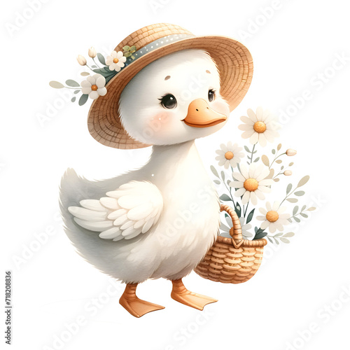 A cute little goose with daisies on a relaxing day photo