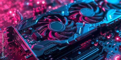 Powerful video graphic card close up, GPU coolers in computer photo