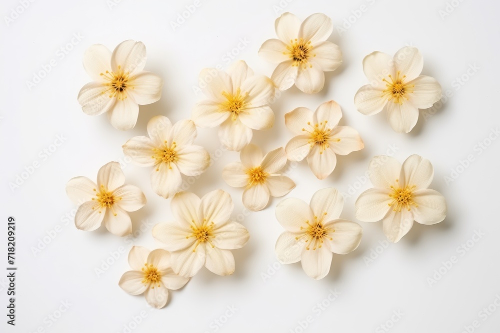  a bunch of white flowers sitting on top of a white surface with one flower in the middle of the picture and the other flower in the middle of the petals.